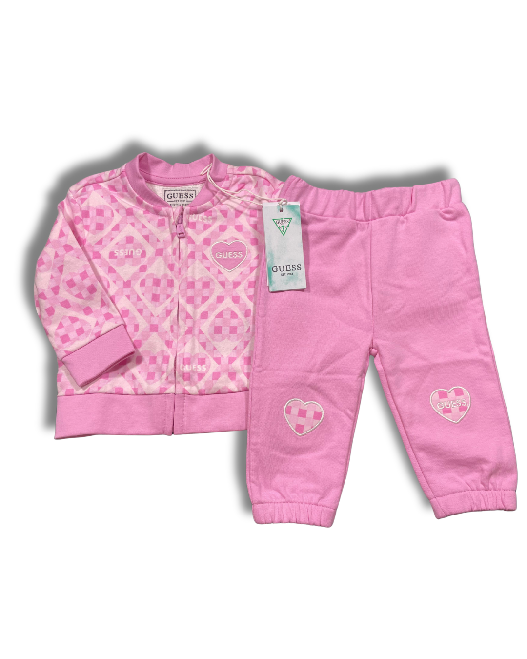 Completo bambina Guess rosa con stampa cuori 2 pezzi felpa + pantalone