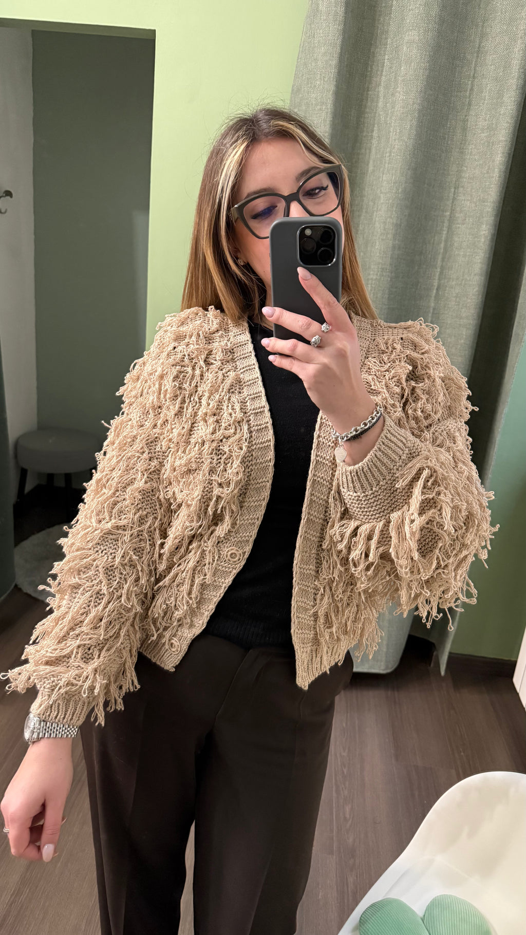 Cardigan Donna Frange Effetto Shaggy – Beige