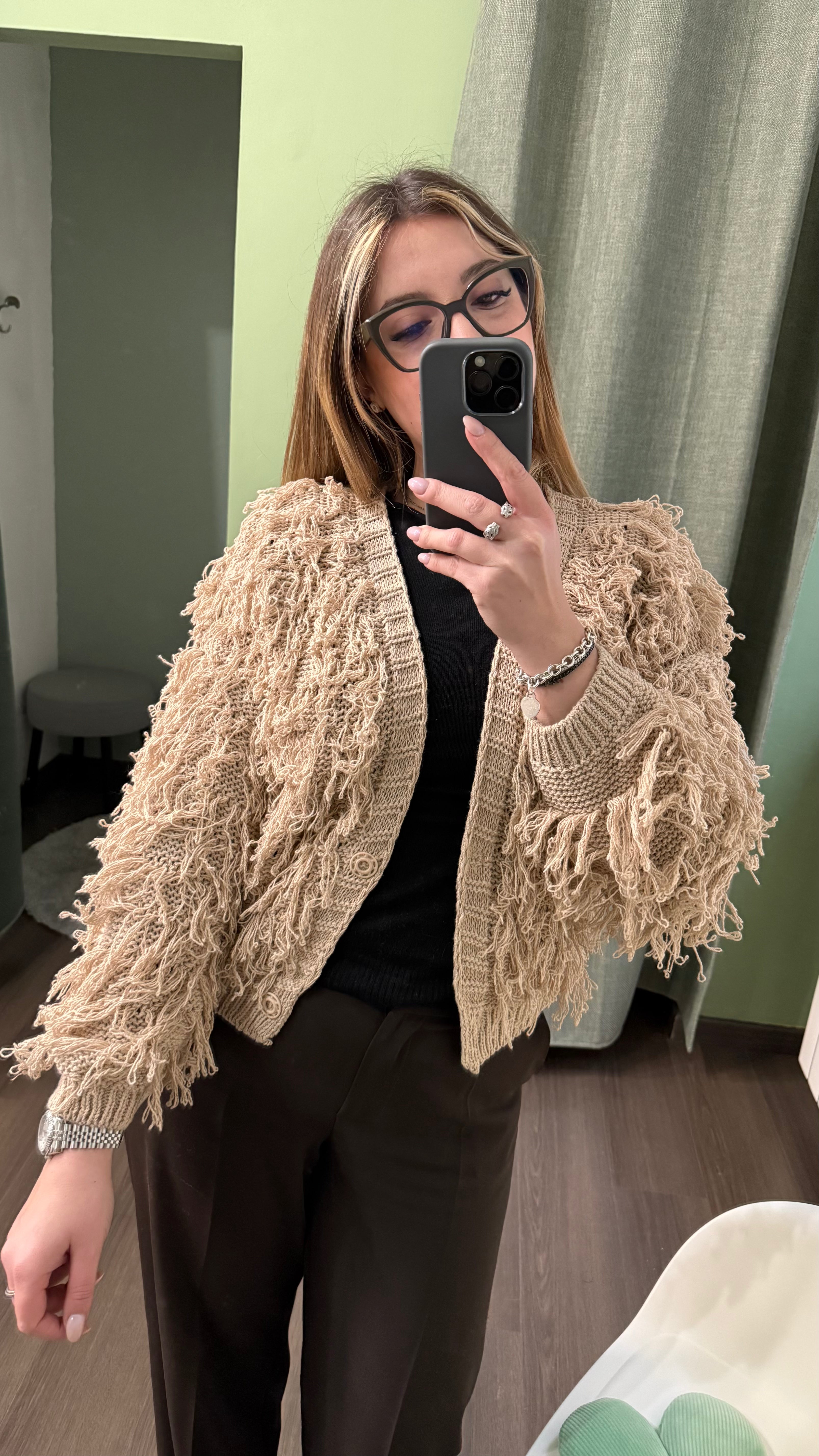 Cardigan Donna Frange Effetto Shaggy – Beige