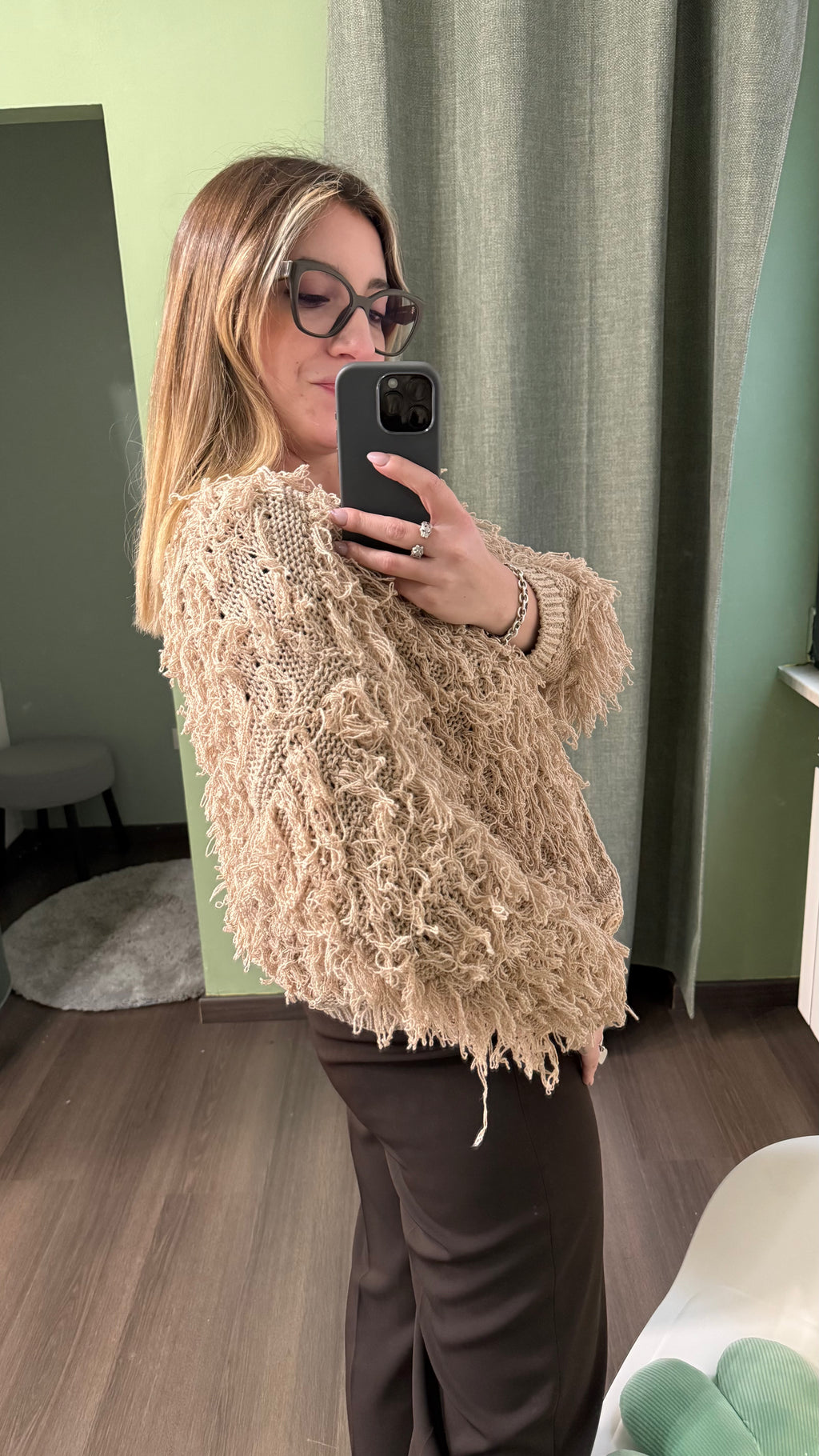 Cardigan Donna Frange Effetto Shaggy – Beige