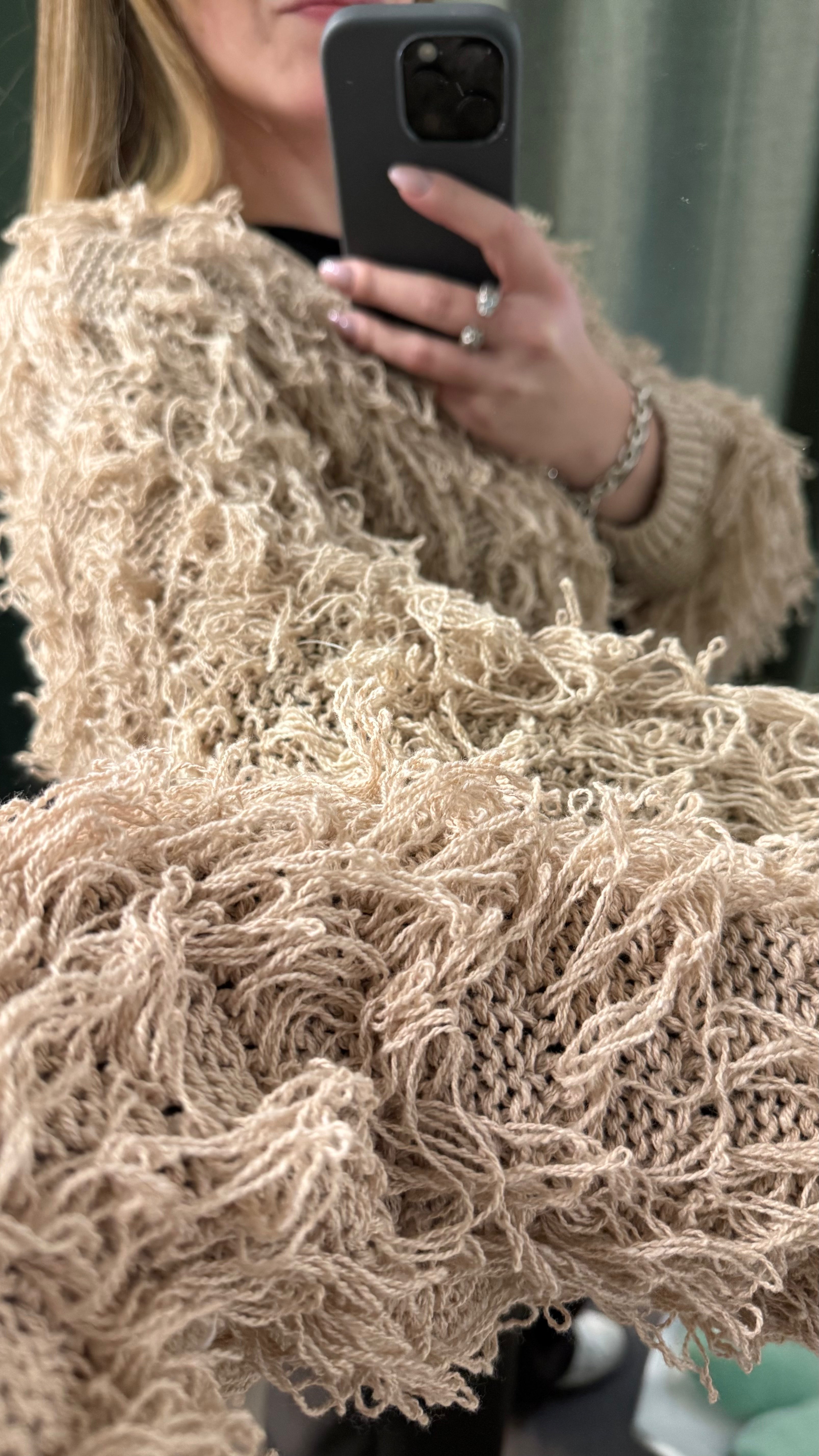 Cardigan Donna Frange Effetto Shaggy – Beige