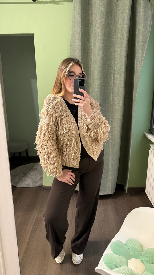 Cardigan Donna Frange Effetto Shaggy – Beige