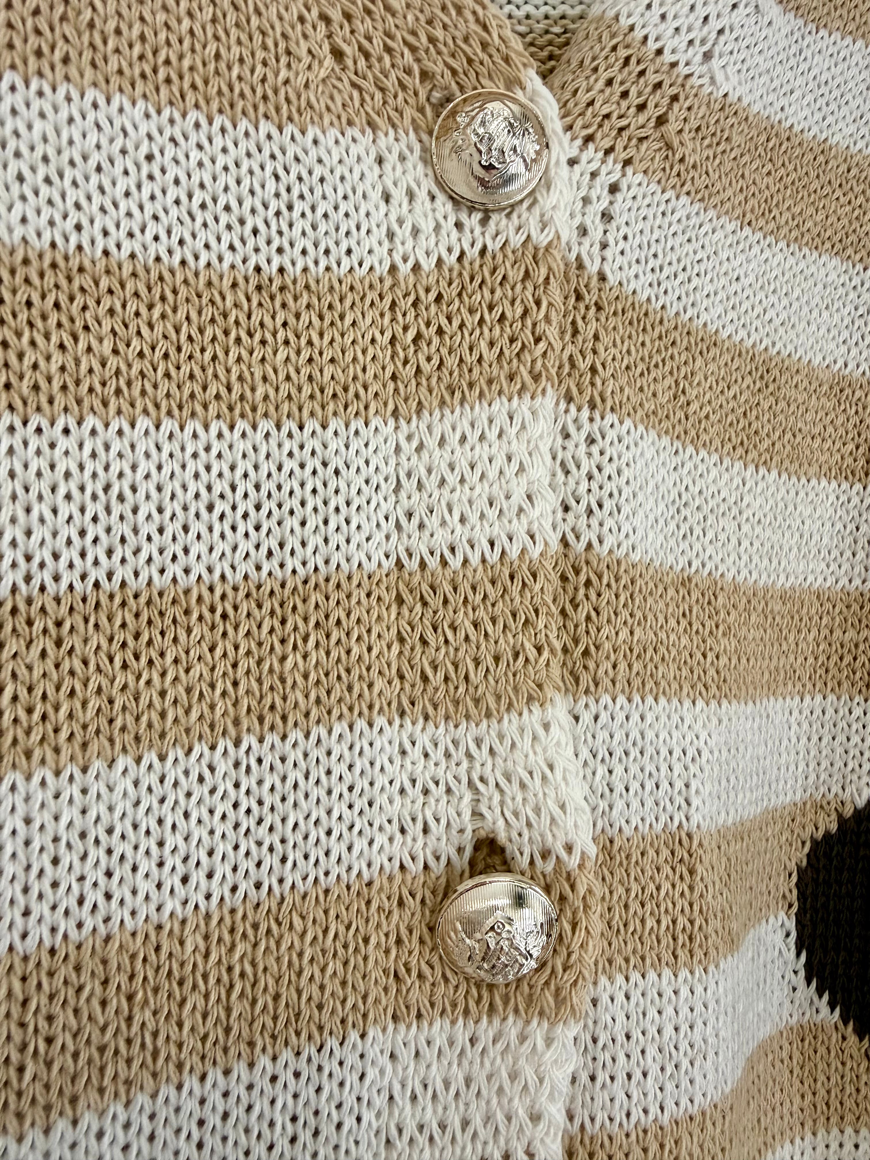 Cardigan Donna Righe Beige con Cuori – Bottoni Gioiello